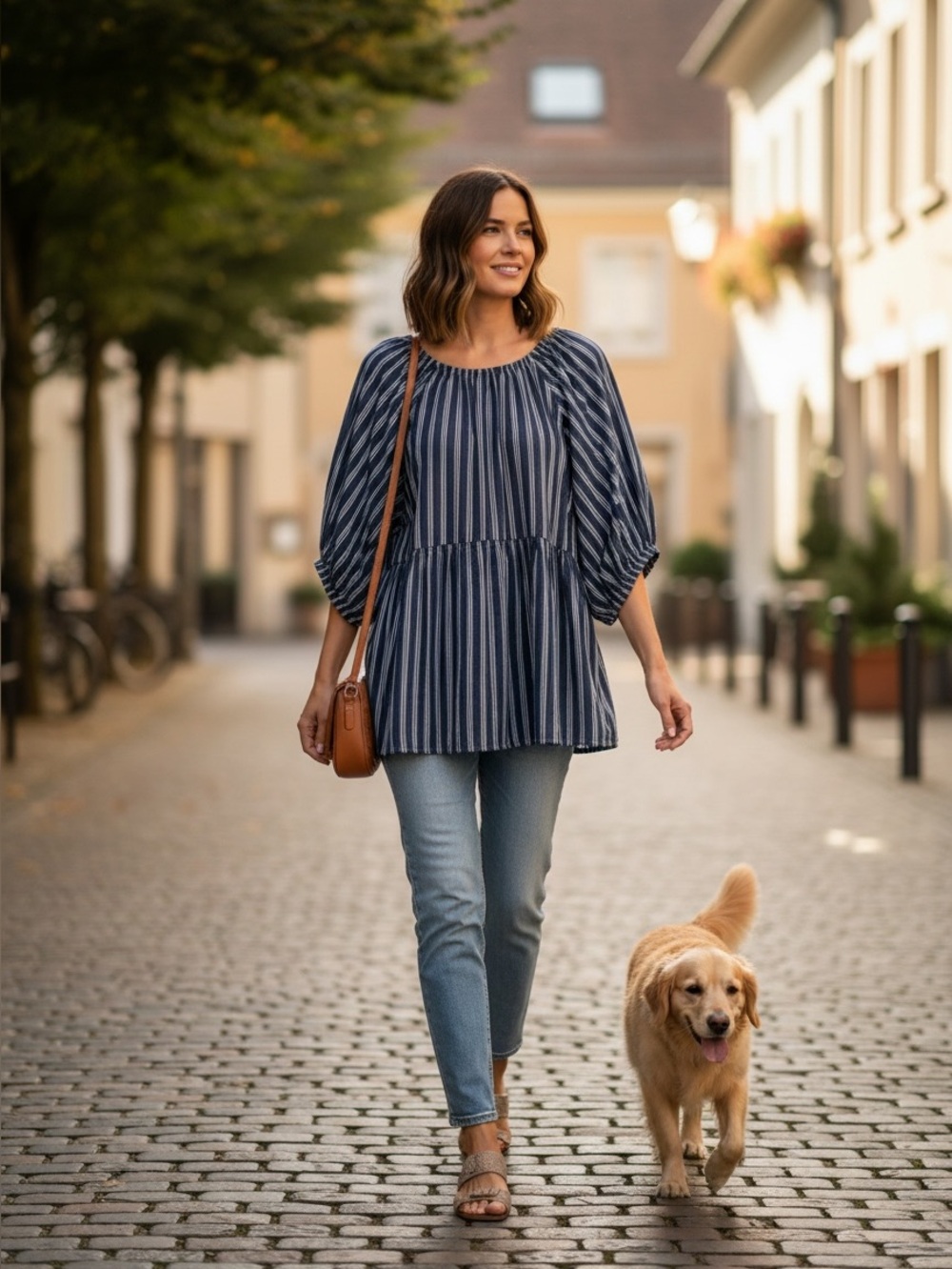 Striped Navy Puff-Sleeve Peasant Top - Women's